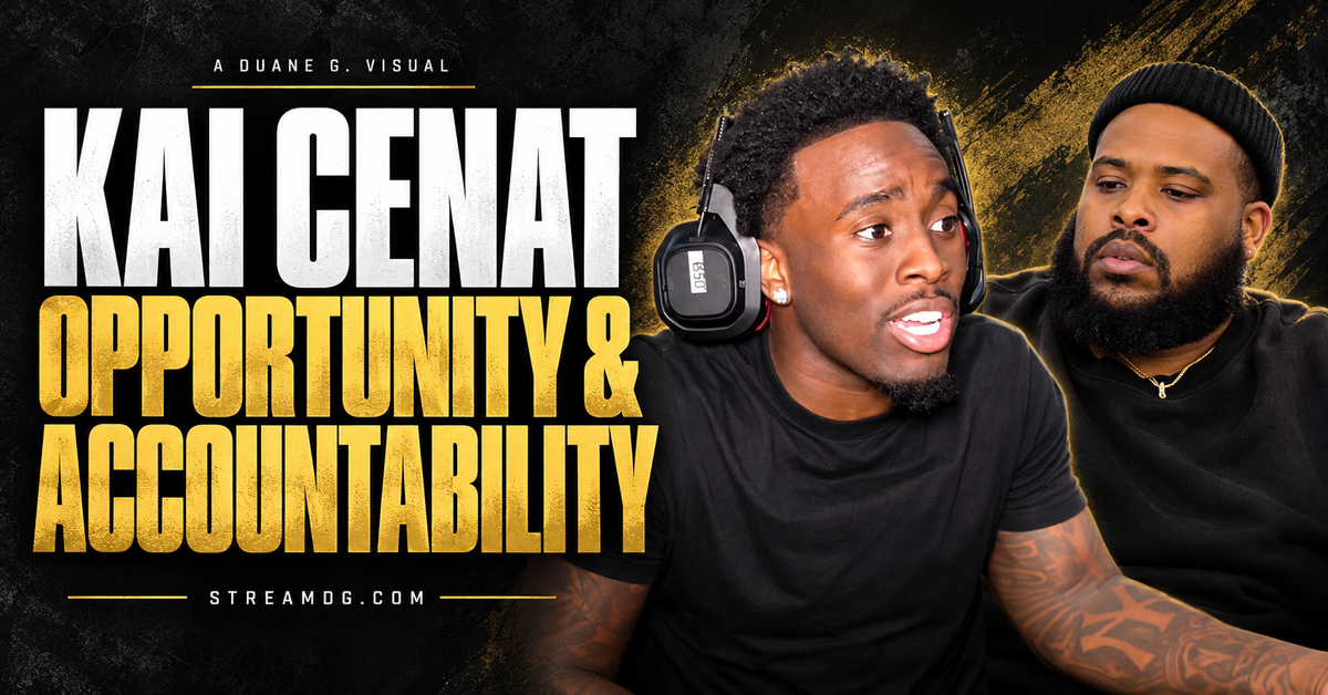 Kai Cenat and Duane Gordon featured on a STREAMDG blog cover about opportunity and accountability.